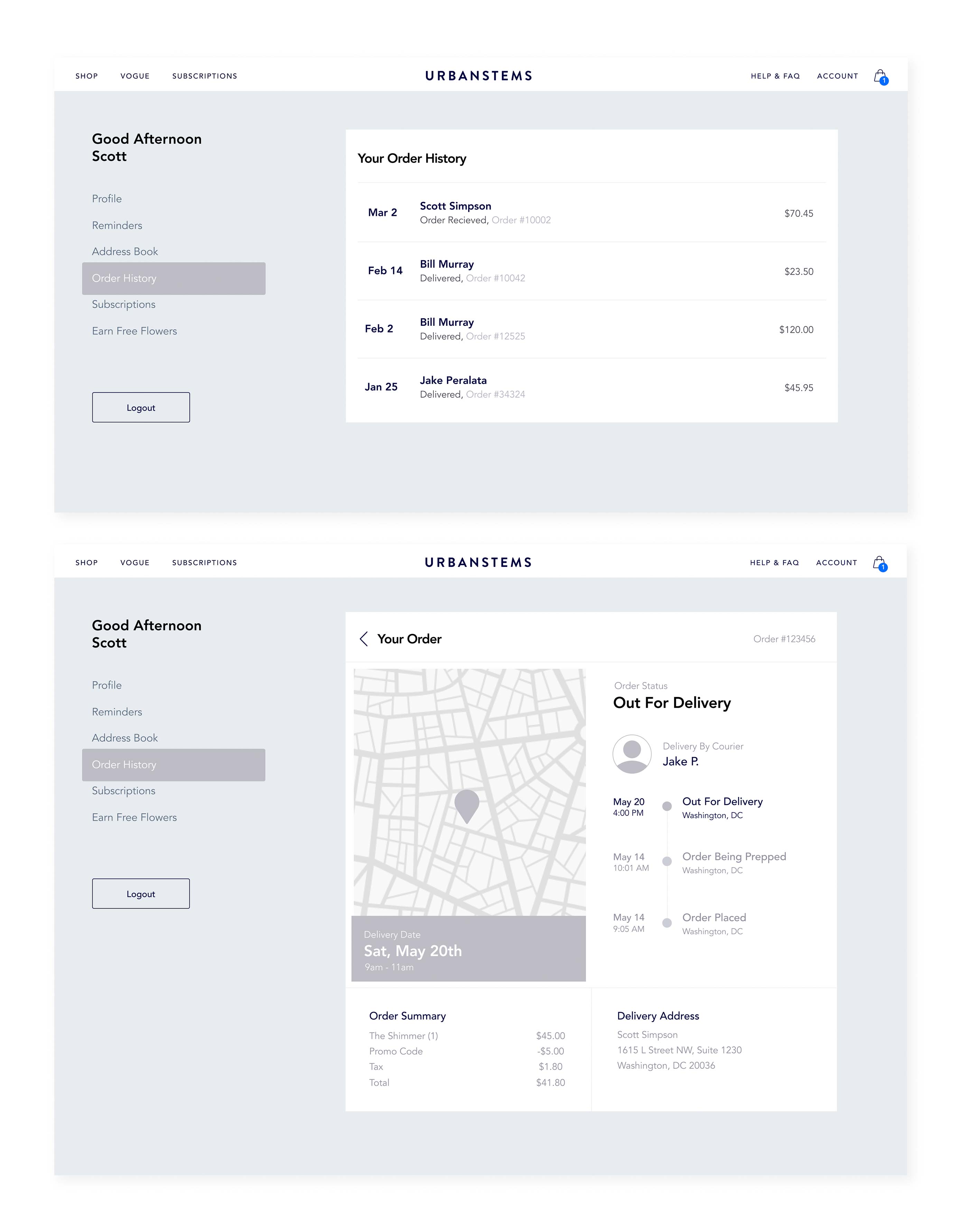 Order tracking wireframe